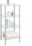 HOOBRO Glass Shelf, 4 Tier Bathroom Standing Shelf Unit, Tempered Glass Shelving Stand for Small Space, Perfume Stand Organizer, Space-Saving, for Bathroom, Bedroom, Steel Frame, Silver SV04CJ01
