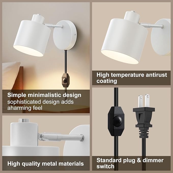 LIGHTESS Plug in Sconce Set of Two, 350° Adjustable Dimmable Wall Light, Modern Wall Lamps for Living Room Bedroom Hallway,Kitchen (Bulb Not Included)