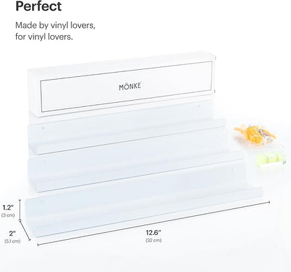 Vinyl Record Shelf - 3 Metal Display Shelves - Wall Mount Now-Playing Vinyl Shelves - an Album Record Holder That Doubles as a Picture Ledge - Fits All Records (White)