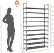 Tall Shoe Rack 10 Tier Shoe Organizer Large Shoe Shelf with 18 Hooks Storage for 50 Pair Sneaker and Boot, Stackable Vertical Shoe Rack Organizer for Closet, Entryway, Bedroom, Grey