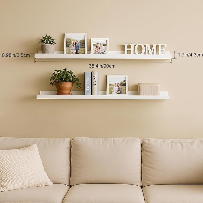 36inch Floating Picture Ledge Shelves 2-Pack, White Wall Mounted Shelves with Lip for Nursery, Kids Room, Living Room & Bedroom, Sturdy Floating Book Shelves for Photo Frames & Decor