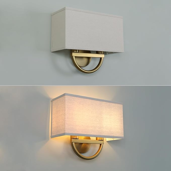 Yosoan Linen Fabric Cloth Boho Gold Brass Wall Sconce Stairwell Fixture Light, 2-Light Indoor Hardwired Dual Vanity Wall Mount Vintage Antique Metal Base Lights Square Fabric Shade for Bedside Hallway