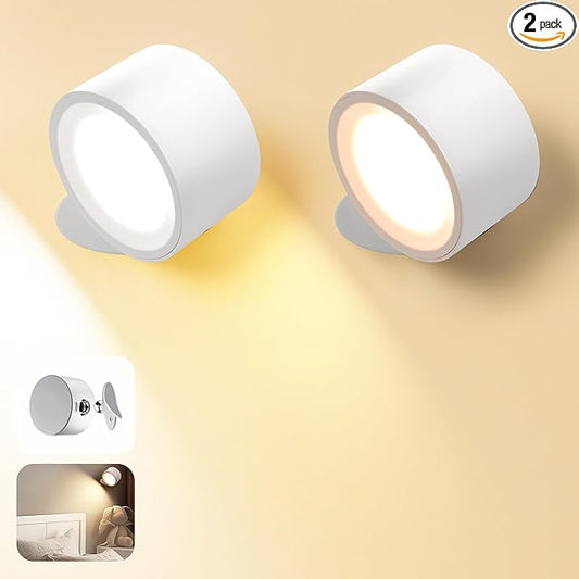 Wall Mounted Lamp LED Wall Lights with Rechargeable Battery Operated, 3 Color Temperatures & 3 Brightness Levels 360°Rotate Magnetic Ball, Cordless Sconces for Bedroom Reading Bedside,White-2 PACK