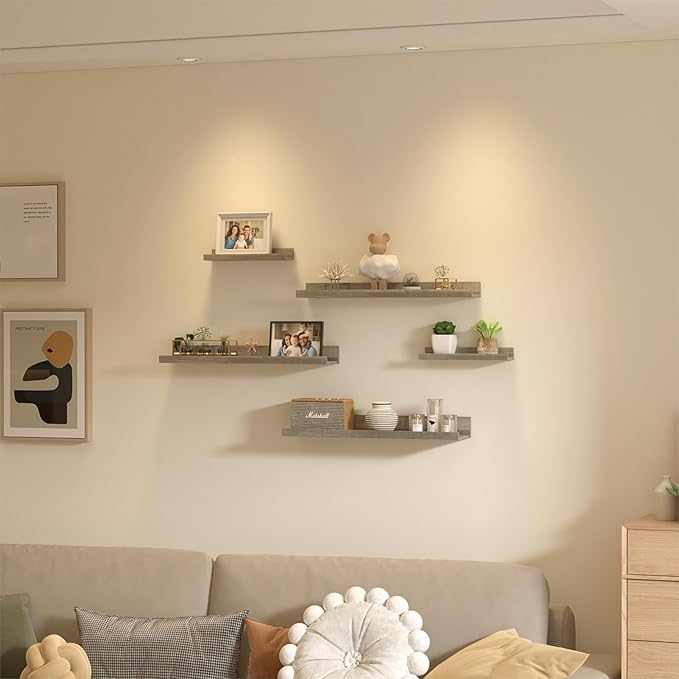 Giftgarden 24 Inch Wall Mounted Floating Shelves Set of 5, Grey Wood Wall Shelves for Bathroom, Bedroom, Kitchen, Living Room Storage and Decoration, Gray Wooden Picture Ledge