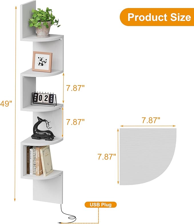 Corner Shelf Wall Mount with LED Light, 5 Tier Floating Corner Shelves, Plant Shelf for Bedroom, Floating Shelves for Wall, Display Stand for Living Room, Bathroom, Home Office, White