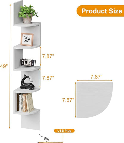 Corner Shelf Wall Mount with LED Light, 5 Tier Floating Corner Shelves, Plant Shelf for Bedroom, Floating Shelves for Wall, Display Stand for Living Room, Bathroom, Home Office, White