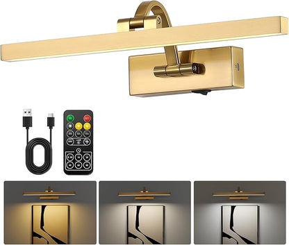 Picture Lights for Wall Battery Operated 3 Colors Dimmable Lights for Pictures On Wall 15.56 Inch Brass Art Lighting for Paintings Wireless Gallery Light Poster Lights with Remote and Timer