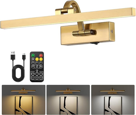 Picture Lights for Wall Battery Operated 3 Colors Dimmable Lights for Pictures On Wall 15.56 Inch Brass Art Lighting for Paintings Wireless Gallery Light Poster Lights with Remote and Timer