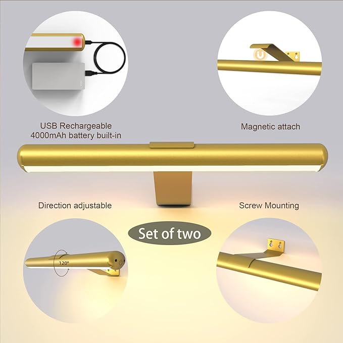 2Pack Wireless Picture Lights Painting Lights with Remote,Gold Rechargeable Battery Picture Lights for Artwork Display Led Accent light Gallery Light Dartboard Light Full Metal Brightness Dimmable