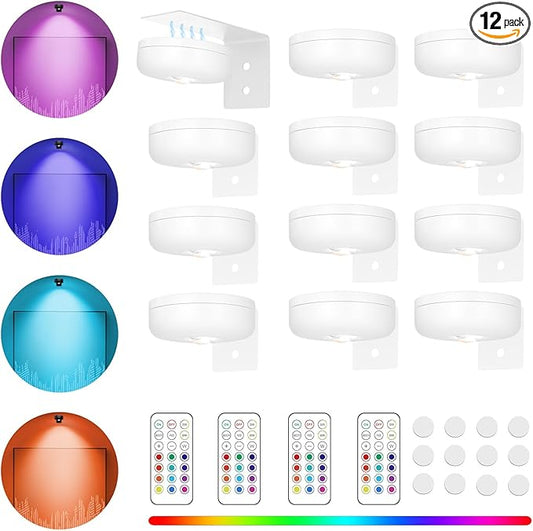 Battery Operated Painting Light, Magnetic Picture Light with Remote Dimmable and Timer, 13 Color RGB Wall Decor Puck Lights,Art Display Light for Picture Frame Paintings 12 White