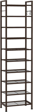 usikey 10 Tiers Narrow Shoe Rack 20-30 Pairs, Sturdy Metal Tall Shoe Rack Shelf with 4 Hooks, Slim Shoe Storage with Metal Shelf, Space Saving Vertical Shoe Organizer for Entryway Bronze UNYXJX018A