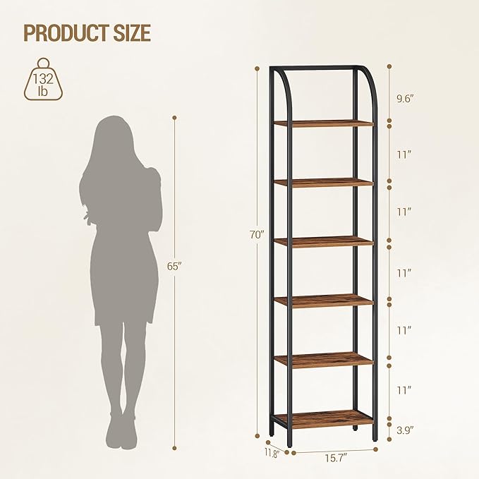 Bookshelf Narrow Bookcase, Tall Storage Rack with Steel Frame, Display Standing Shelf Unit, Skinny Book Shelf for Study Living Room Home Office, Industrial Style, 6-Tier Rustic Brown BC56401B