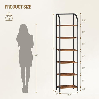 Bookshelf Narrow Bookcase, Tall Storage Rack with Steel Frame, Display Standing Shelf Unit, Skinny Book Shelf for Study Living Room Home Office, Industrial Style, 6-Tier Rustic Brown BC56401B