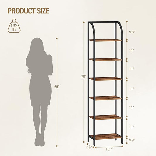 Bookshelf Narrow Bookcase, Tall Storage Rack with Steel Frame, Display Standing Shelf Unit, Skinny Book Shelf for Study Living Room Home Office, Industrial Style, 6-Tier Rustic Brown BC56401B