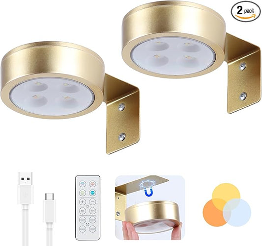 2 Pack Wireless Picture Lights for Wall, Magnetic Gold Rechargeable Picture Light Battery Operated with Remote 3 Lighting Modes Painting Light for Art Display, Battery Wall Lights for Photo Gallery