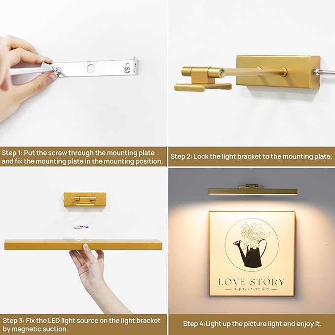PESUTEN Picture Light Battery Operated, 16in Wireless Art Light for Paintings CCT Dimmable Recharging Battery Picture Light with Remote Control for Gallery Dartboard Art Bedroom Bathroom 2pcs Gold