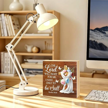 The Lord Will Fight for You Need Only To Be Still Wood Block Plaque Box Sign for Home Living Room Coffee House Bar Shelf Table Decoration, Exodus 14:14 Bible Verse Decor Gifts for Friends
