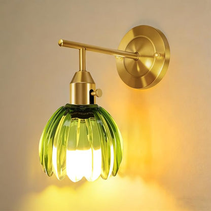Vintage Gold Wall Sconces with Green Tulip Glass Lampshade, Hardwired and Wireless Wall Lamp (2 Usage Methods), Brass Sconces Hradwired Modern Wall Light Fixture for Bedroom Living Room