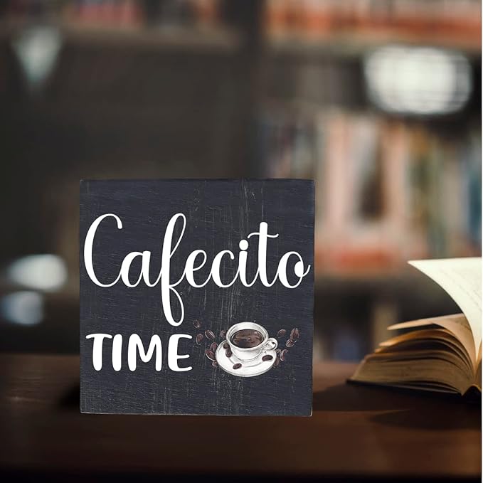 HTBIG Wooden Decorative Box Sign - Rustic Black Coffee Themed Sign - 5.1 x 5.1 x 1.2 inches - Perfect for Home, Office, or Gifting