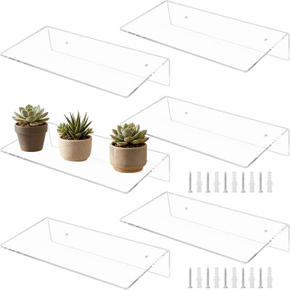 6 Pack Acrylic Floating Shelves, 12 x 6 inch Clear Wall Mounted Display Storage Rack, 4.5 mm Thick Invisible Acrylic Shelf for Living Room, Office, Bedroom