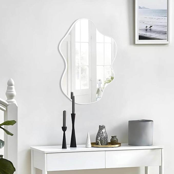 CULER Irregular White Bathroom Wall Mirror,22 x 30 Inch Asymmetrical Vanity Modern Tempered Glass Mirror for Bedroom,Living Room,Entryway