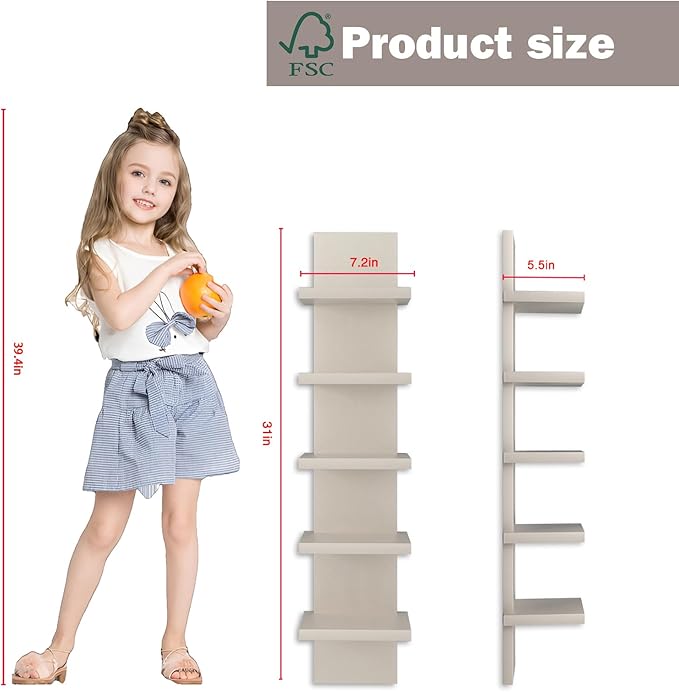 5 Tier Wall Shelves Mourning Gray, Vertical Column Shelf Floating Storage Home Decor Organizer Tall Tower Design Utility Shelving Bedroom Living Room