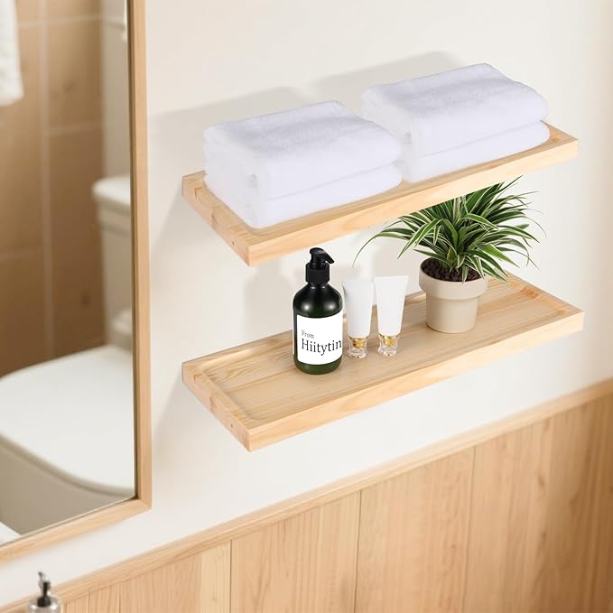 24 inch Bathroom Floating Shelves for Wall - Natural Solid Wood Over Toilet Shelves Set of 2 Decoration for Living Room Bedroom Kitchen Farmhouse 24x6.7 inch - Natural