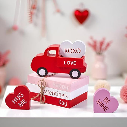 AKEROCK Valentines Day Decorations, Valentines Day Decor - Wooden Valentine Sign & Red Truck & 3 Heart Decor for Table, Tiered Tray, Office Desk, Mantel, Valentine Decorations for Home