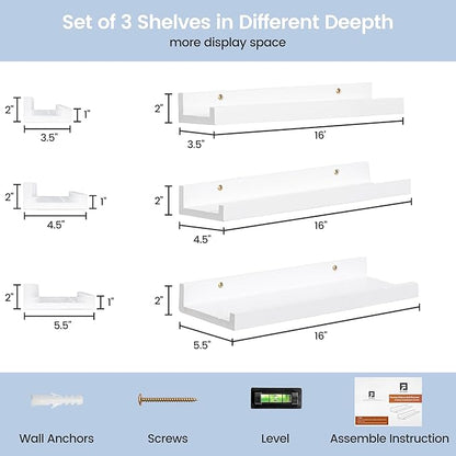 Picture Ledge Shelf for Wall, 16 inches Solid Pine Wood Nursery Book Shelves 3 Packs, Floating Ledge Shelves for Kids' Room Bedroom Bathroom Living Room Photo Frames Office Nursey Wall Decor, White