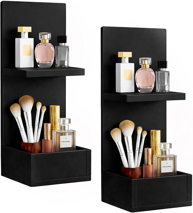 2-Tier Black Floating Wall Shelf, 20x8x6 Wall-Mounted Wooden Beside Shelf/Nightstand for Home Décor, Plants, Cosmetics, Bathroom, Kitchen, Bedroom Storage (Black with Box)