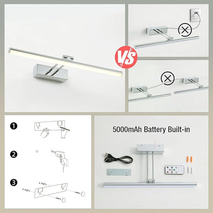 Battery Picture Light, 16 inch Wireless Picture Light for Painting with Remote,Full Metal Rechargeable Art Light,Wall Sconce Display Lighting for Portrait, Photo Frame,Gallery, (Chrome)