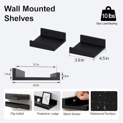 Small Black Floating Shelves for Wall Decor, Wall Mounted Wood Shelf for Bedroom, Living Room, Bathroom, Kitchen, Nursery, Mini Display Ledge Shelf with Lip Set of 2-4 Inches, Black