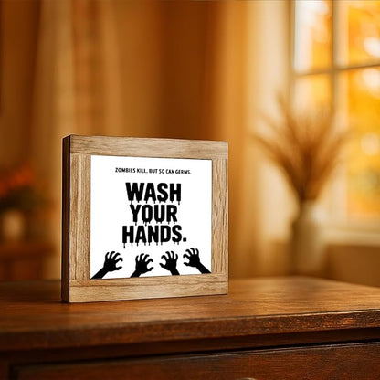 Funny Halloween Decors for Bathroom, Zombies Sign, Funny Remind Signs for Restroom Decor, Farmhouse Home Decor, Shelf Decoration, Washroom Decors, Wash Your Hands Sign 5.9x5.9 inches