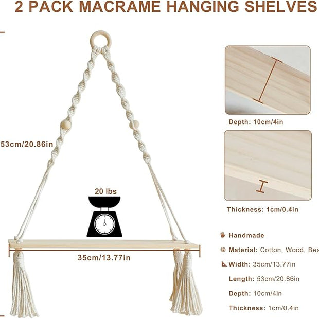 Artilady 2 Pack Wooden Wall Hanging Shelves - Boho Floating Shelves White Macrame Plant Shelf Adjustable Storage Rack Rustic Wall Decor for Bedroom Living Room Nursery