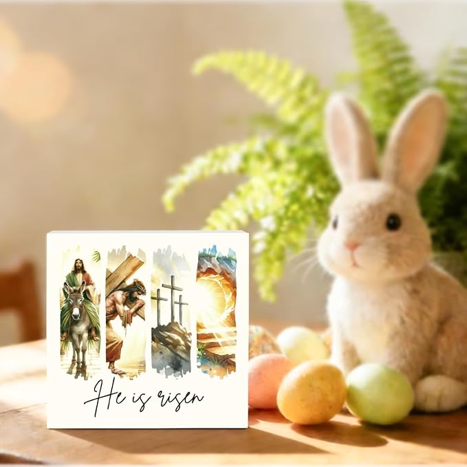 Christian Sign Christian Decor Decorations Rustic Farmhouse Religious Jesus Table Decorations for Home Office Desk Table Shelf Tiered Tray Decor He Is Risen Wooden Sign 5 X 5 Inch