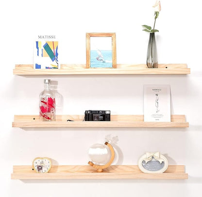 MBYD 48 Inch Floating Shelves Natural Wood, Wall Mount Picture Ledge Wooden Wall Shelf for Bedroom, Living Room, Office, Kitchen, Set of 3 Same Dimensions