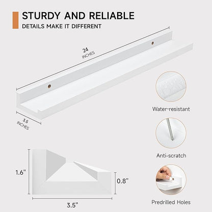 Fun Memories Picture Ledge Shelf, 24 Inch Floating Shelves Set of 2, Nursery Book Shelves for Toys Storage, Kids Bookshelf Wall Mounted for Wall Decor Books Photo Frames, White