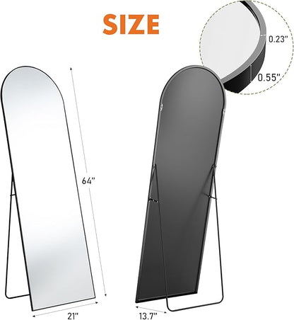 OLIXIS Arched Full Length Black Mirror 64"x 21.5" for Bedroom, Full Body Mirror with Stand, Hanging or Leaning for Wall, Aluminum Alloy Thin Frame Floor Standing for Living Room, Long