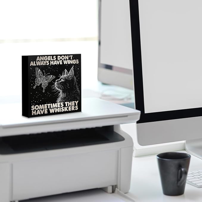 Black Cat Themed Gifts Wood Box Sign, Angels Don't Always Have Wings Sometimes They Have Whiskers, Woods Table Decorative Signs for Office Home Tabletop Shelf Decoration, Cat Lovers Gift for Women