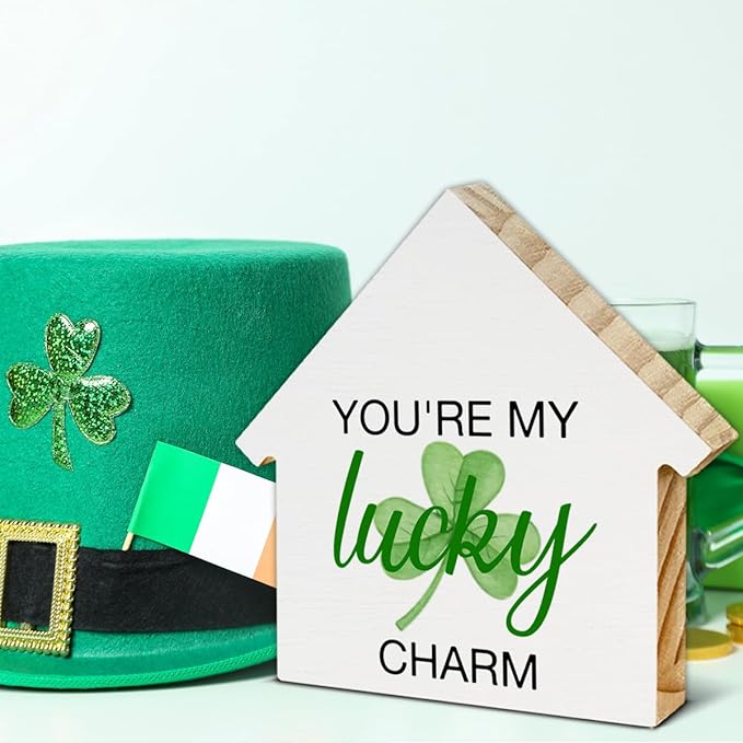 St. Patrick's Day Decor, Shamrock Decorations, Lucky Charm House Shaped Wood Block Sign, Home Decor for Desk Table Shelf, St Patricks Day Decorations