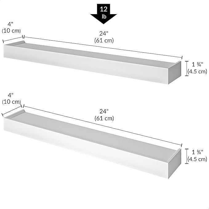 Ballucci Modern Floating Shelves 24", Set of 2 Wood Wall Mount Ledges for Nursery, Living Room, Bathroom, Kitchen, Office, White