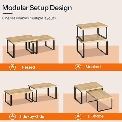 HOOBRO Spice Rack Set of 2, Kitchen Counter Organizer, Kitchen Storage, Cabinet Organizer Shelf, Nest, Stackable, Side-by-Side & L-Shape for Cabinet, Kitchen,Bathroom, Natural and Black BN33TL01