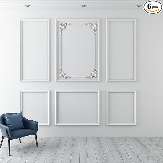 OUZUGIE 3 Set Wall Molding Kit with Flower Corner Pre-Cut Wainscoting Panels for Interior Wall Decor - Installed with Glue(Not Including) 3 Top 3 Bottom