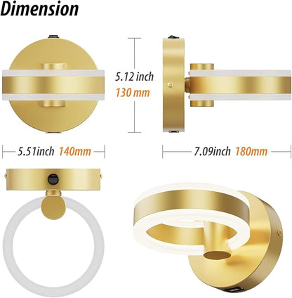 LED Wall Sconces Set of Two with ON/Off Switch, Gold Rotatable Hardwired Wall Light Fixtures, Built in USB Charging Port, Modern Wall Decor for Bed Lighting.