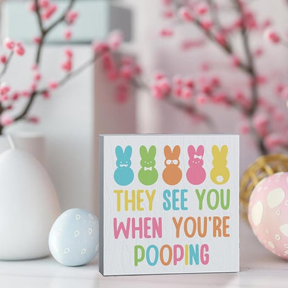Easter Bathroom Decor Peeps Decor Funny Easter Decorations They See You When You're Pooping Wooden Box Sign for Home Office Bedroom Living Room Desk Shelves