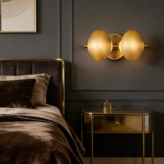 Modern Gold 2 Llight Mushroom Wall Sconces, Globe Spherical Wall Lamp, Mid Century Small Brass Vanity Single Ball Lights Fixture, Contemporary Milk Glass Wall Mounted Lamp for Bedroom Bathroom Hallway