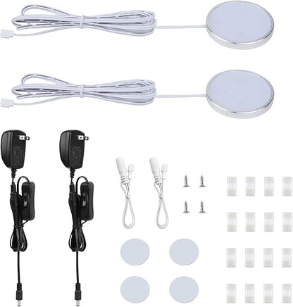 LABOREDUCER 12V Under Cabinet LED Puck Lighting Kit 2 Packs Slim Aluminum Puck Lights,Single Light Plug in Counter Light Fixture for Kitchen Cupboard Bookcase Display Shelf Lighting(Warm White, 2700K)