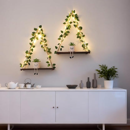 Floating Shelves for Wall, Hanging Shelves with Artificial Pothos LED String Light, No Drilling Hanging Shelf, Wood Hanging Plant Shelves for Wall Décor, Boho Decor, Art Bedroom, 2 Pack