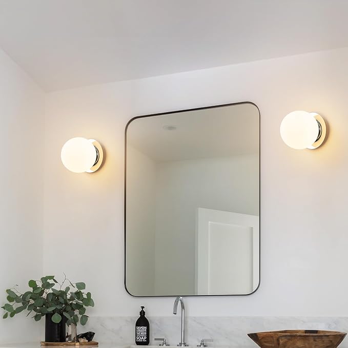 Modern Glass Globe Wall Sconce: Chrome Single Light with Milk Glass Shade - Minimalist Spherical Vanity Sconces over Mirror - Contemporary Ball Wall Lights Fixtures for Entryway Bulb Not Included