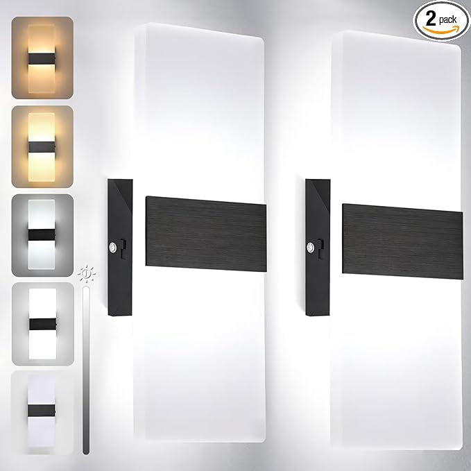 TRLIFE Dimmable LED Wall Sconces, 4 Color Temperature Modern Wall Sconce 12W Dimmable Wall Lights Set of 2 Wall Mounted Light for Bedroom Bedside Hallway Living Room Stairway(2 Pack, Black)